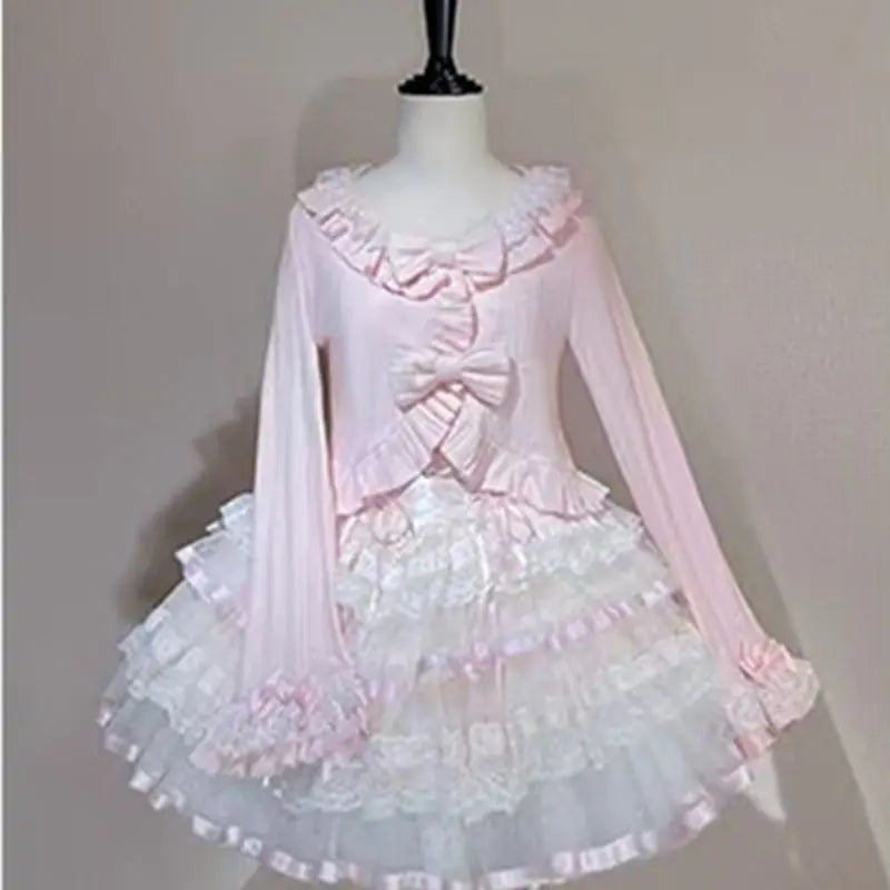 Japanese Women Knitted Sweet Bow Cardigan Sun Protection Lace Patchwork Lolita Crop Tops Y2k Aesthetic Flare Sleeve Grunge Coat