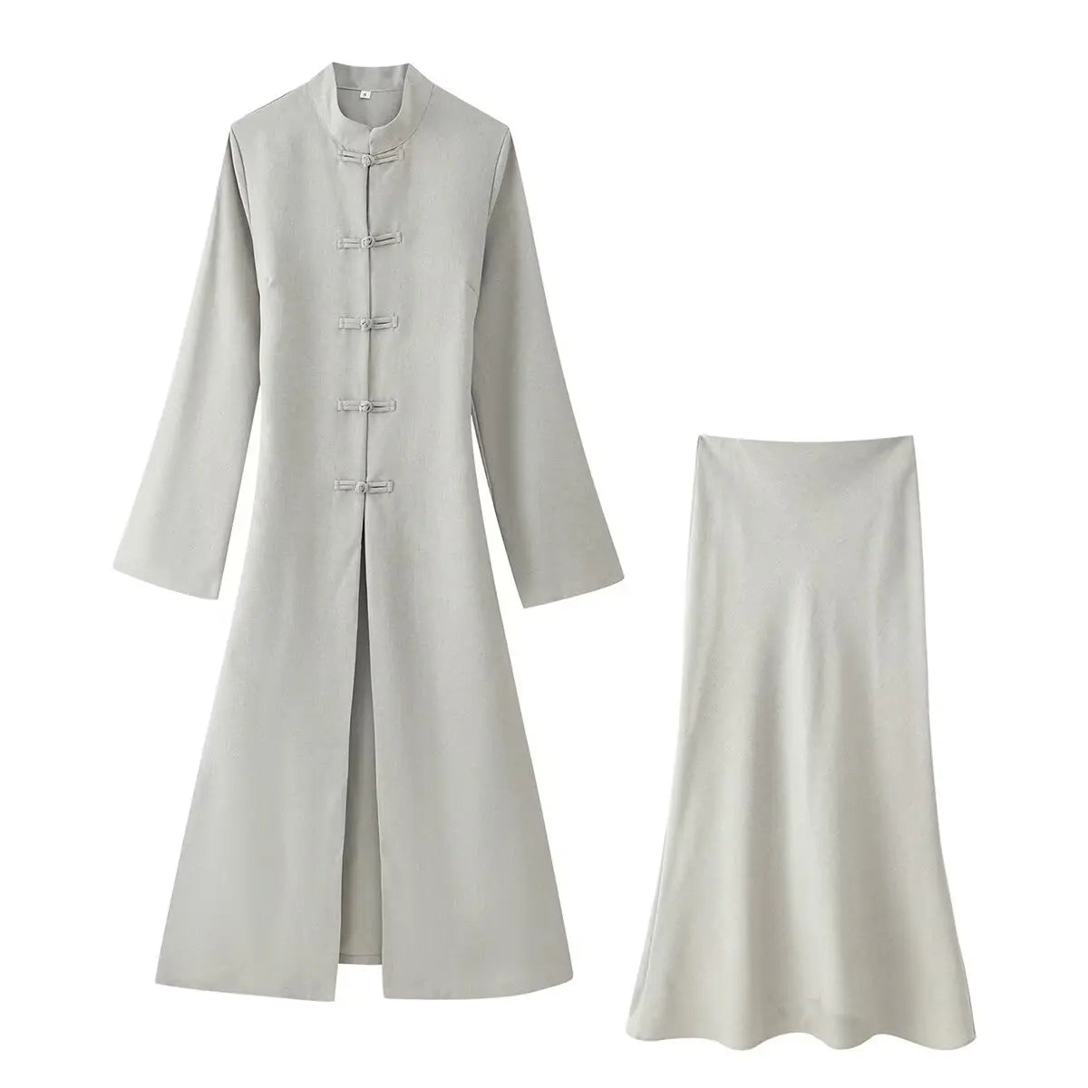 Chinese Style Frog Button Two Piece Set Long Flared Sleeve Ruched Waist Traditional Oriental Outline Sets Spring Picnic Outfit