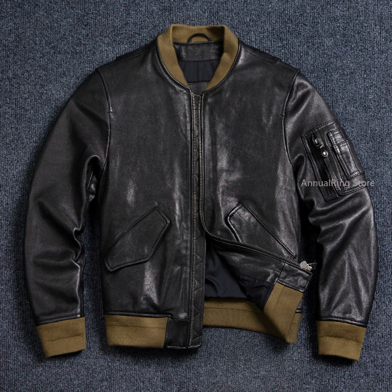 Bomber Ma-1 Genuine Leather Jacket Mens Natural Tanned Sheepskin Coat Vintage Air Force Leather Cloth Soft Plus Size