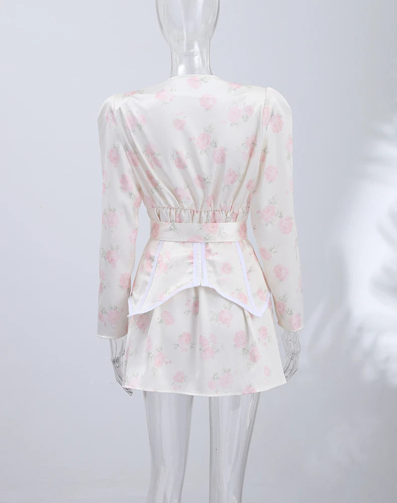 Print Women Dress Deep V Mini Dress Puff Sleeve High Waist Dress Two Piece Outfit With Waistband Elegant Slim Fit Outfit