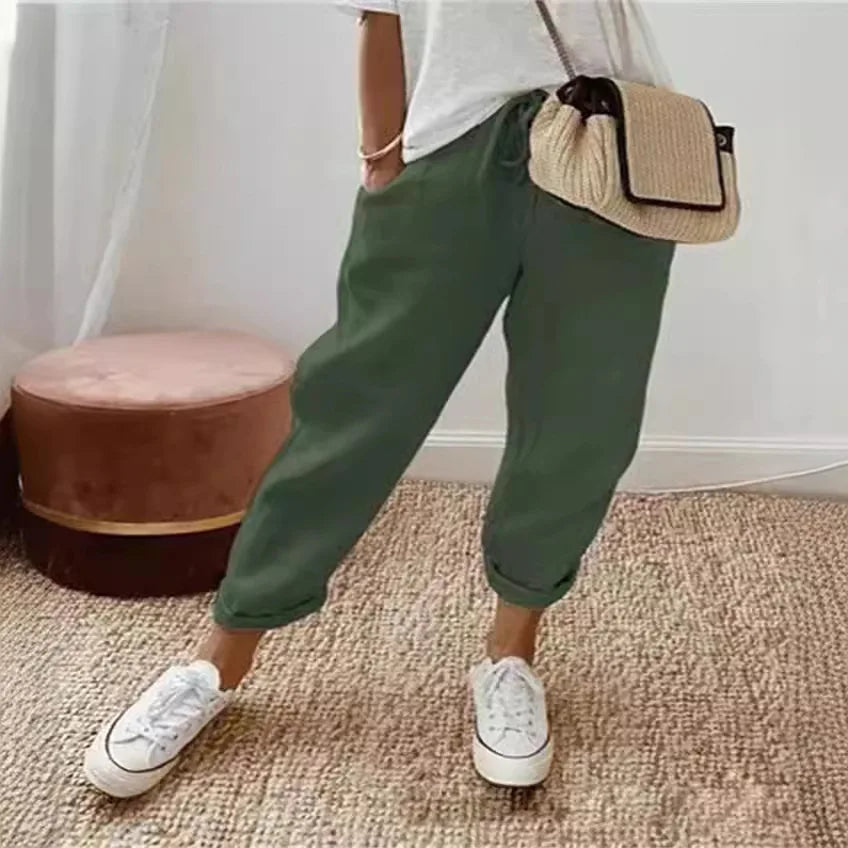 Women Blend Wide Leg Harem Pants Summer Fashion Elastic Waist Pocket Solid Ankle Trousers S-5XL Oversized LRFZ-911