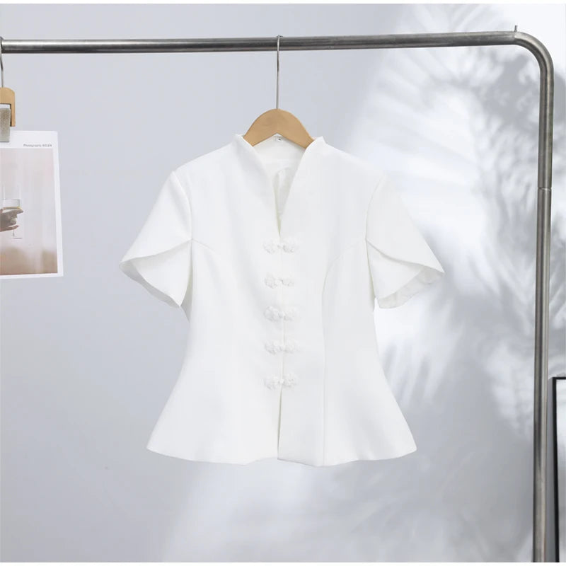 2026 Spring Summer Short Puff Sleeve Frog Button Shirt For Women Stand Collar  Single Breasted Blouse Lady Chic Street Party Top