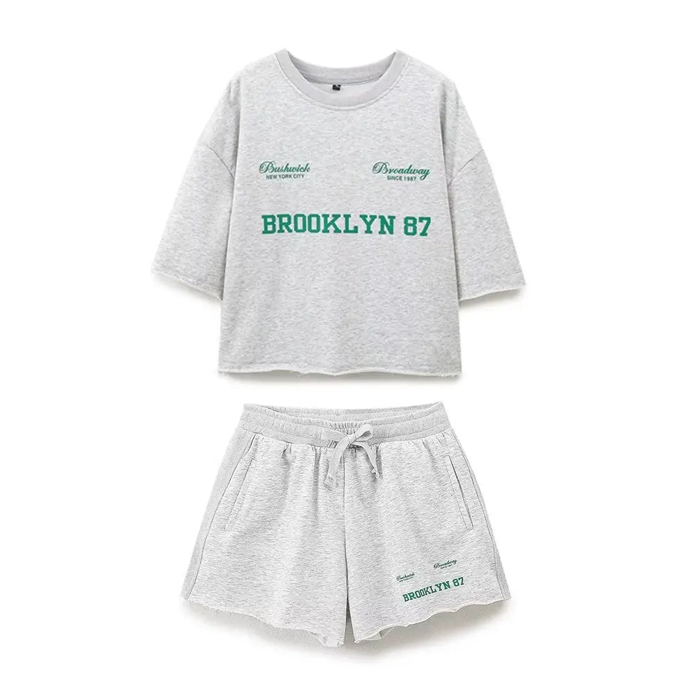 Plush Ensemble Femme 2 Piece COTTON Short Sets for Women Two Colors Text Print O-neck Sweatshirts + Mid Elastic Waistband Shorts