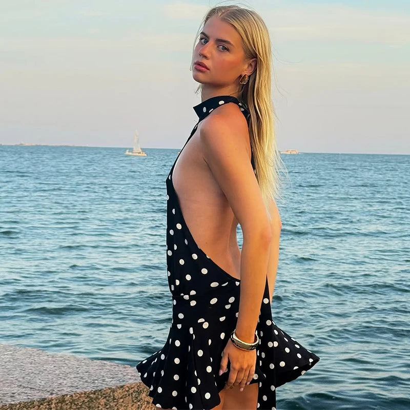 Hugcitar Polka Dot Print Halter Sleeveless Backless Bandage Sexy Slim Mini Dress Summer Women Fashion Outfit Party Vacation