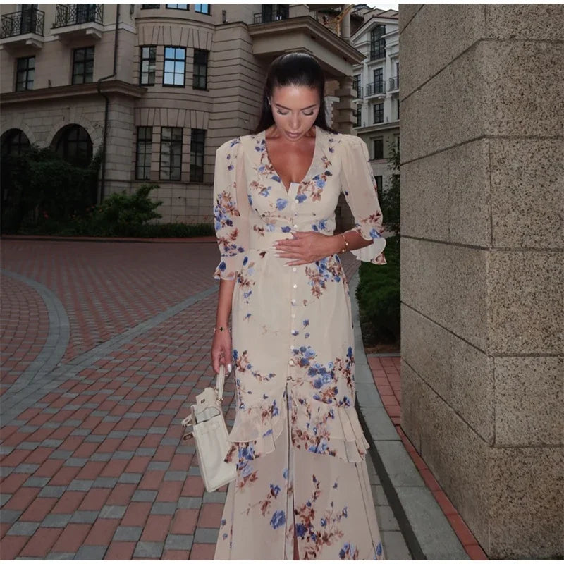 V Neck High Split Half Sleeve Slim Long Dress Print Waist Cinching Ruffle Hem Maxi Robes 2026 Women Party Vacation Vestidos