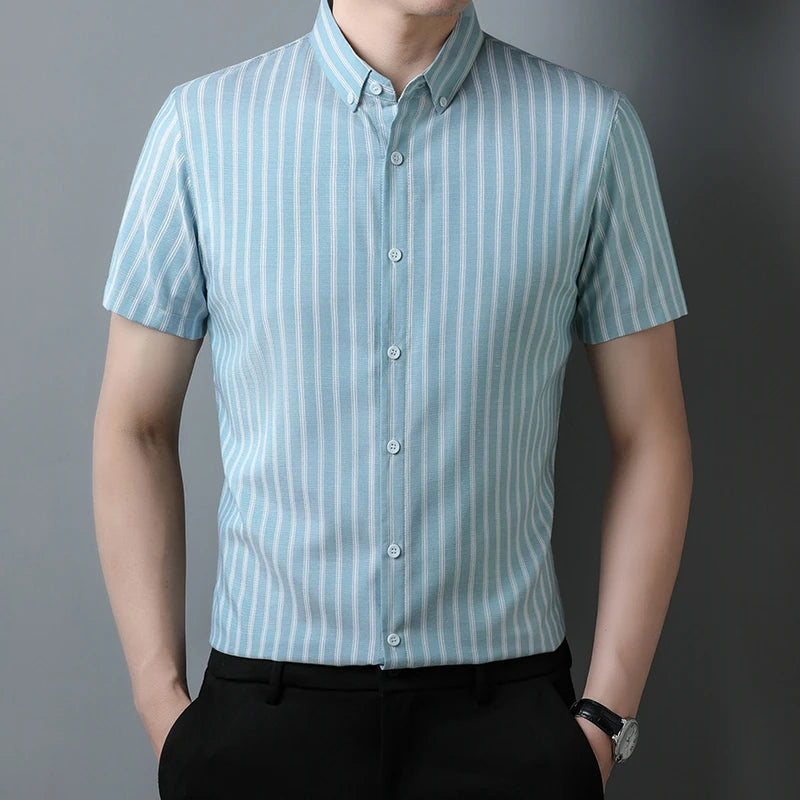 New Men's Casual Striped Short Sleeved Lapel Shirt for Summer Fashion Comfort No Ironing Wrinkle Resistant Top