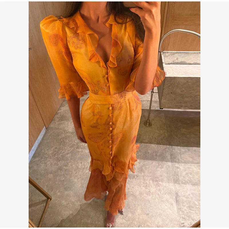 Elegant Floral Printed Woman Summer Dress V-neck Puff Sleeve Split Maxi Dresses For Women Fashion 2026 Women's Casual Gown New