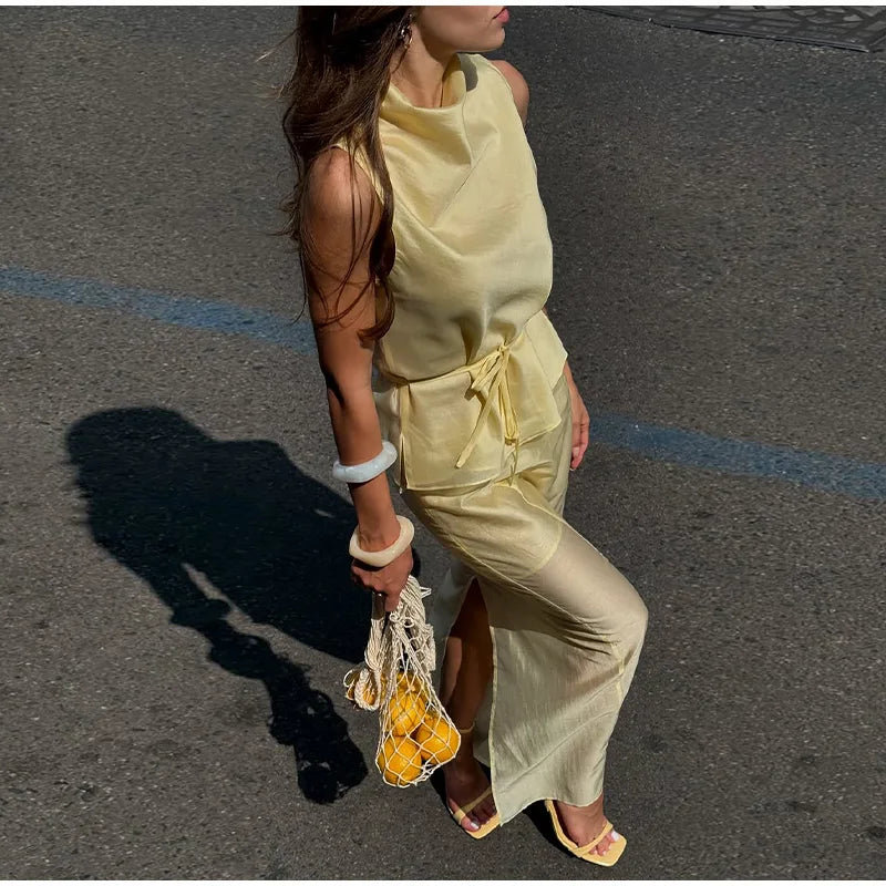 Casual Yellow Top Long Skirts Sets Women Sleeveless Lace Up Tops Straight Slit Skirt 2026 Summer Holiday Street Lady Solid Suits
