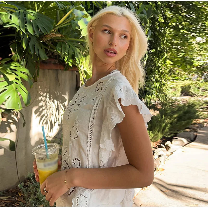 Women's Embroidery Vest Top Vintage Hollow Out Crew Neck Sleeveless Side Split Tank Summer Party Club Daily Matching Streetwear