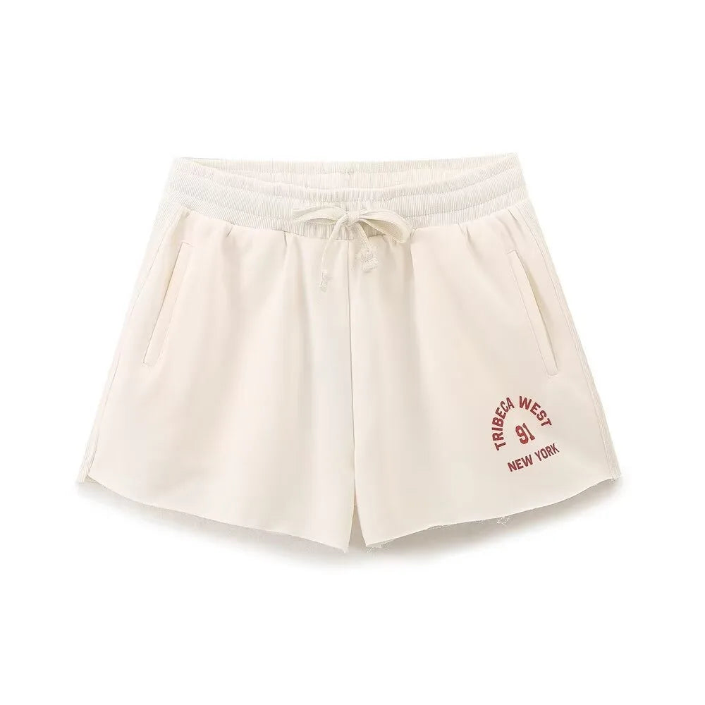 Plush Ensemble Femme 2 Piece COTTON Short Sets for Women Two Colors Text Print O-neck Sweatshirts + Mid Elastic Waistband Shorts