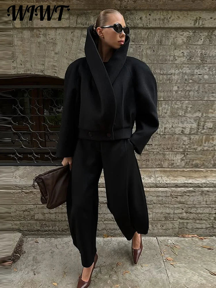 Black Stand Collar Woolen Coats Women's High Street Buttons Full Sleeve Short Overcoats 2026 Spring New Female Solid Outwear
