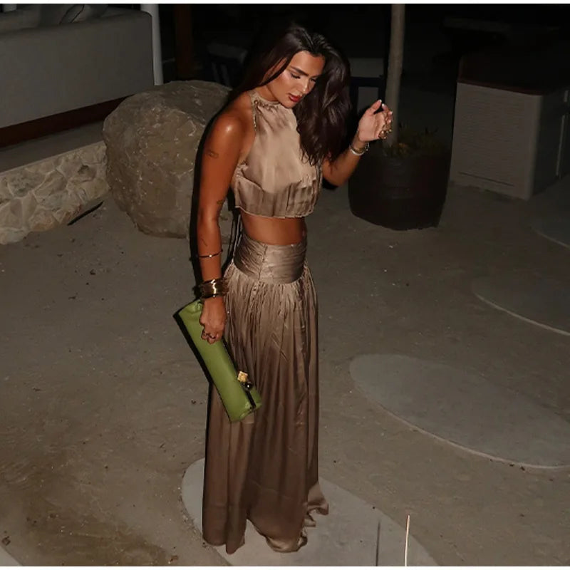 Luxury Women's Maxi Skirts Set Halter Neck Open Back Crop Top High Waist Flowy Long Skirt Elegant Formal Evening Party Outfit