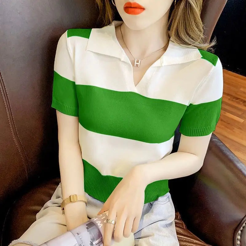 Female Polo Neck Tee Shirts Luxury Short Sleeve Fitted T Shirt High Quality Pullover Good Xxl Top Original Knitted Y2k Striped
