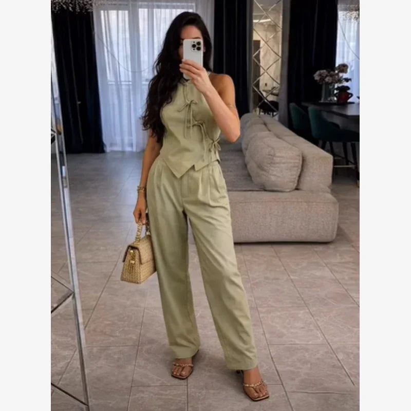 Women Green Bowknot Wide-leg Pant Suits Chic Solid Sleeveless Lace Up Slim Fit Long Pant Sets 2026 Lady Daily Street Outfits New