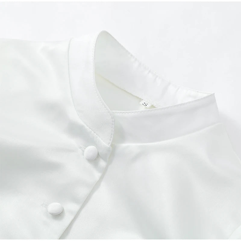Chic White Lantern Sleeve Shirt Women Solid Stand Collar Stand Collar Slim Shirts Lady Casual Tops Commute Outwear 2026 New