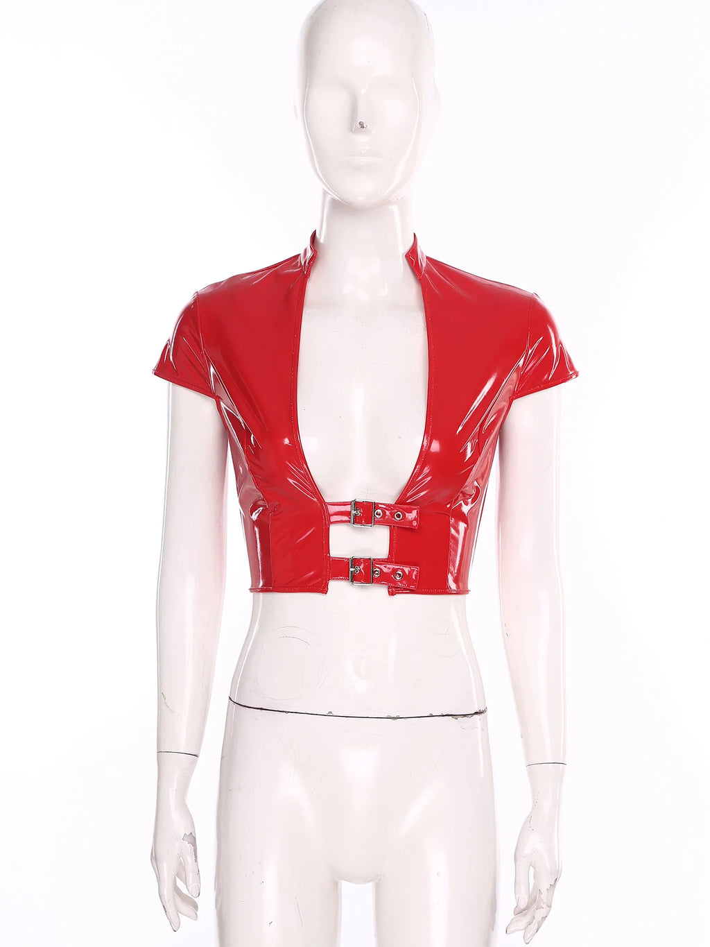 Womens Wet Look PU Leather Latex Crop Top Open Front with Adjustable Buckles Cap Sleeve Crop Corset Glossy Rave Disco Clubwear