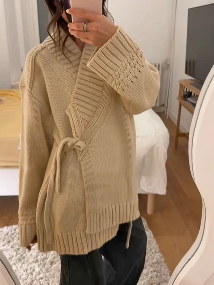Chic V-neck Knitted Lace-up Women Cardigan Elegant Solid Full Sleeve Loose Cropped Sweater 2026 Lady Commute Office Cardigans