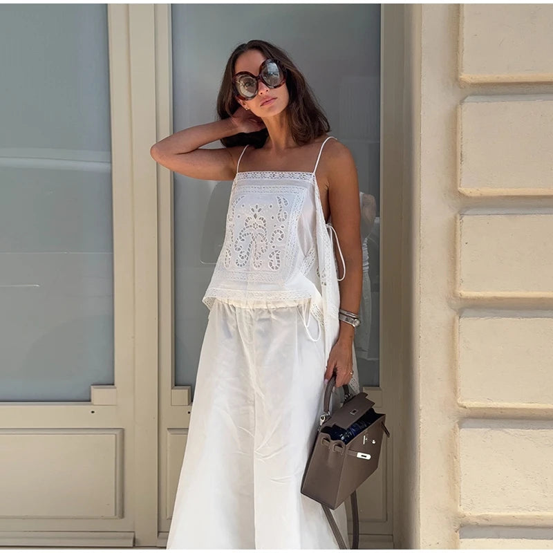 Women's Embroidery Vest Top Vintage Hollow Out Crew Neck Sleeveless Side Split Tank Summer Party Club Daily Matching Streetwear