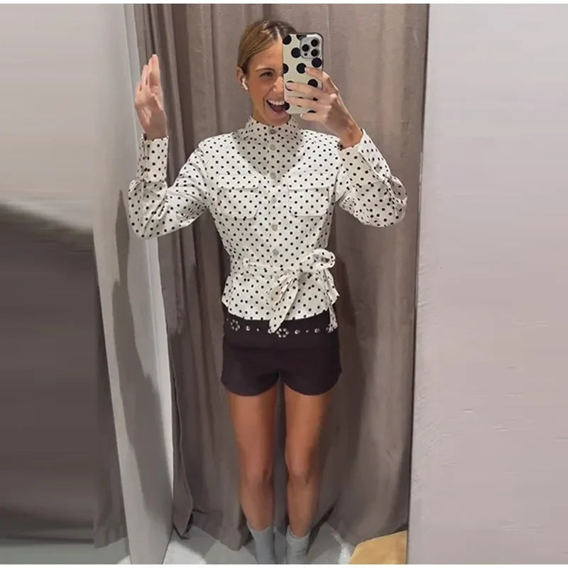 2026 Spring Polka Dot Capri Pants Sets Chic Women Stand Collar Lace Up Jacket High Waist Pencil Pants Lady 2 Pcs Outfits Street