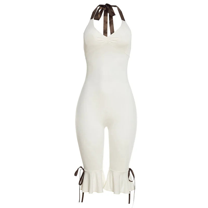Joskaa Bowknot Decorate Halter Apricot Jumpsuit Women Hipster Sexy V-neck Backless Bandage Skinny Rompers Beach Holiday Clubwear