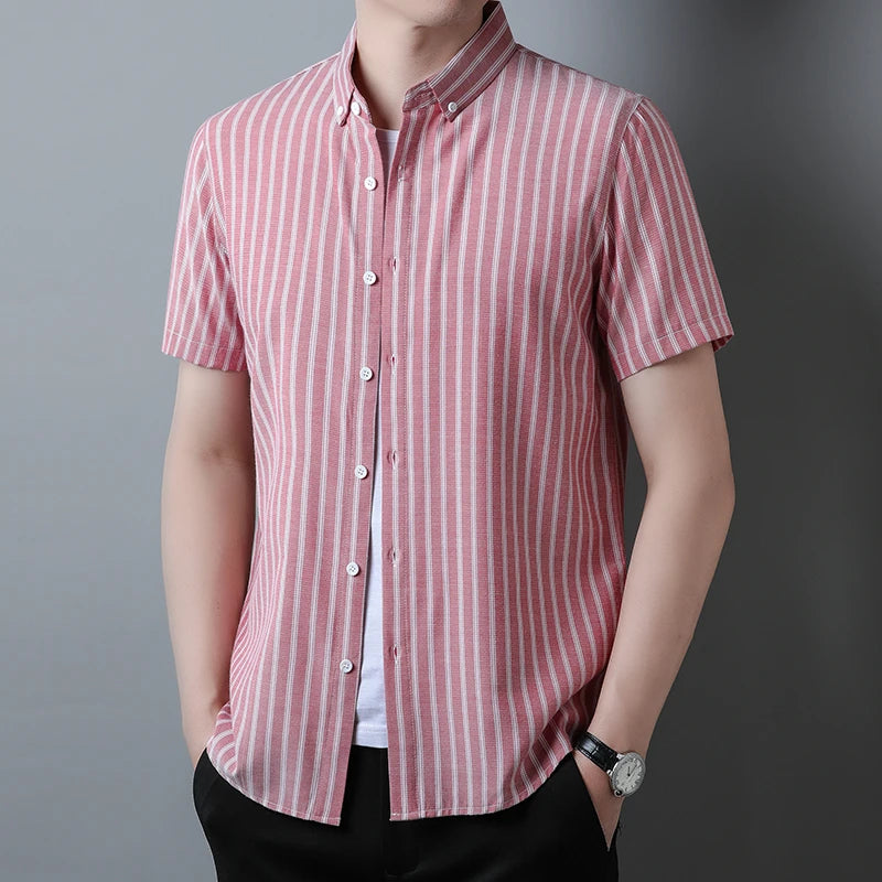 New Men's Casual Striped Short Sleeved Lapel Shirt for Summer Fashion Comfort No Ironing Wrinkle Resistant Top