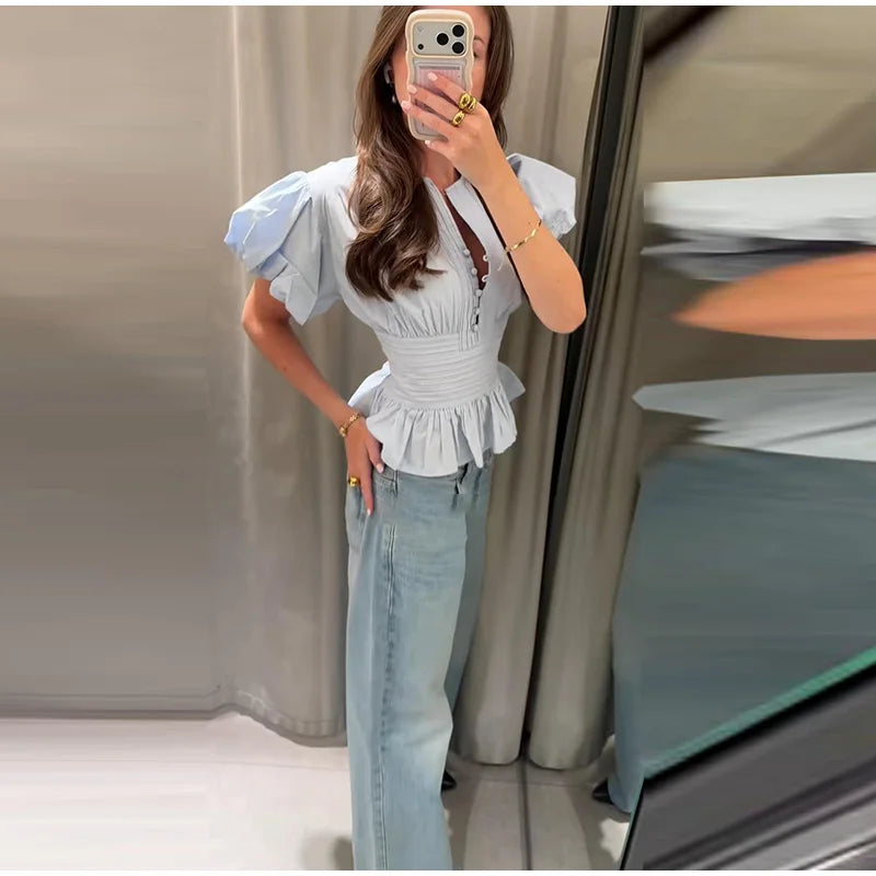 Women Round Neck Puff Sleeve Blouse Solid Lace Trim Asymmetrical Hem Slim Fit Shirt 2026 Spring Summer Chic Elegant Casual Top