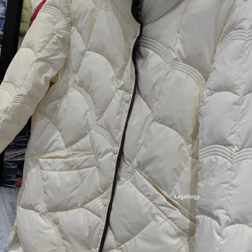 Lagabogy 2025 Mid-Long Puffer Jacket Winter Women Simple White Duck Down Coat Stand Collar Parka Female Single Breasted Outwear