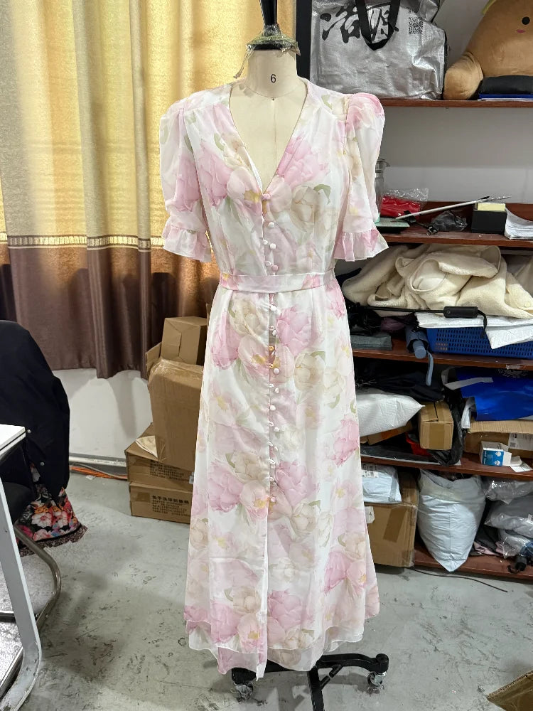 Elegant Floral Printed Woman Summer Dress V-neck Puff Sleeve Split Maxi Dresses For Women Fashion 2026 Women's Casual Gown New