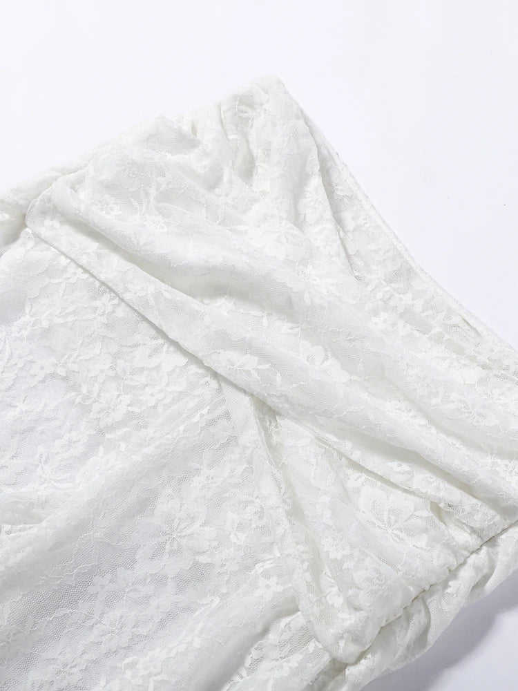 Women Lace Two Piece Set Sheer Top High Neck Blouse Cape Sleeve Cropped High Waist Pants See-Through Flared Trousers Summer Wear