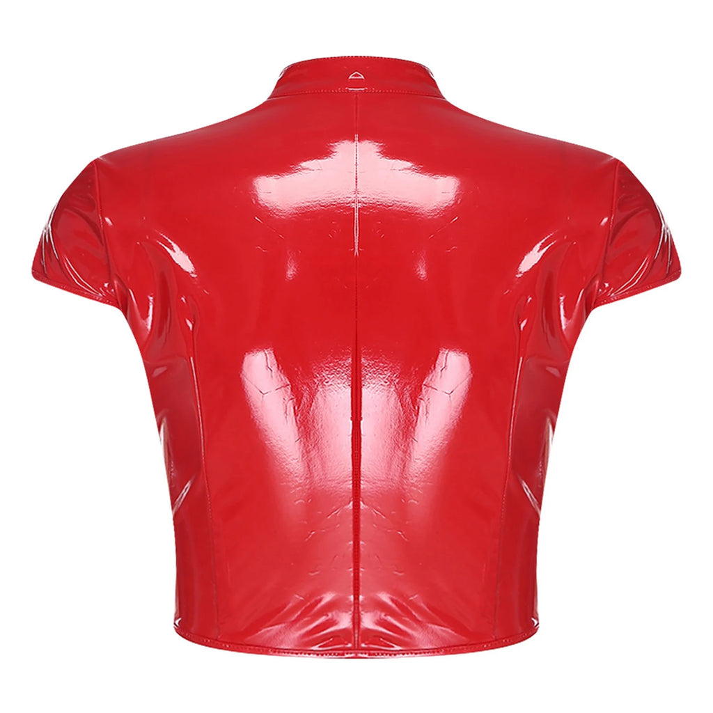 Womens Wet Look PU Leather Latex Crop Top Open Front with Adjustable Buckles Cap Sleeve Crop Corset Glossy Rave Disco Clubwear