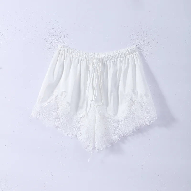 Women Short Set Satin Lace Spaghetti Strap V-Neck Top Drawstring Waist Lace Trim Shorts Elegant Casual Solid Two Piece Set Lady