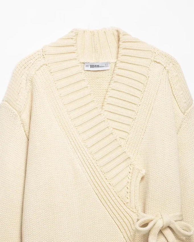 Chic V-neck Knitted Lace-up Women Cardigan Elegant Solid Full Sleeve Loose Cropped Sweater 2026 Lady Commute Office Cardigans