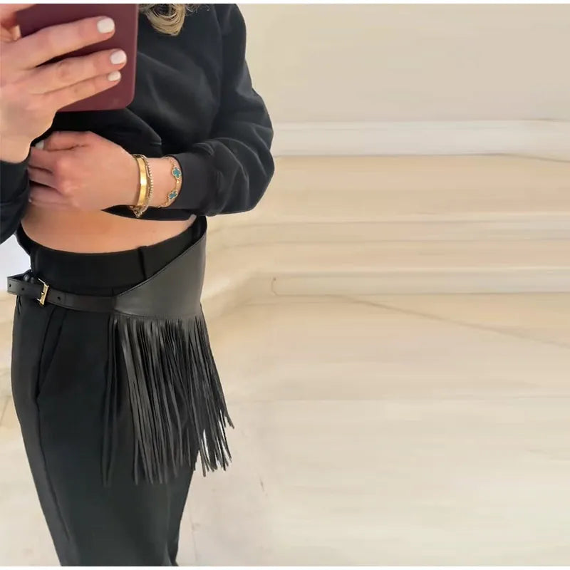 Tassel Leather Corset Belt Accessory Women's Solid High Street Fringe Scarf Belt 2026 Spring Summer Edgy Chic All-match Outfit