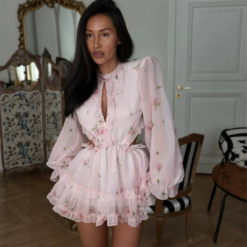 Pink Floral Printed Backless Mini Dress Women Elegant O Neck Long Sleeved Ruffles A-line Dresses Summer Chic Female Vestidos