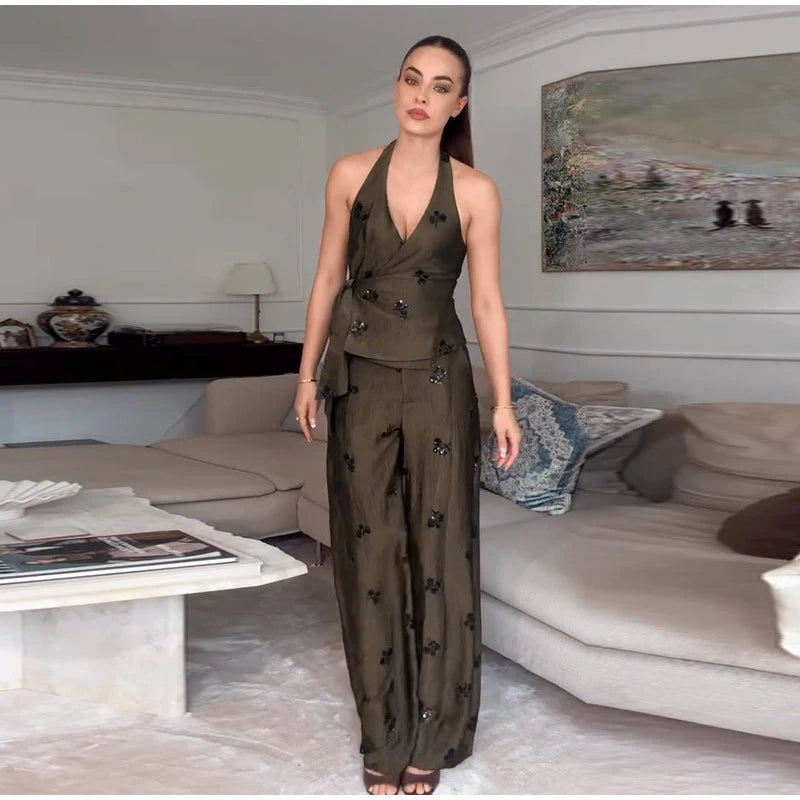 Sequins Women's Pant Sets Sexy Halter Neck Wrap Top Wide Leg Pants Two Piece Set Female 2026 Summer Woman New Vacation Outfit