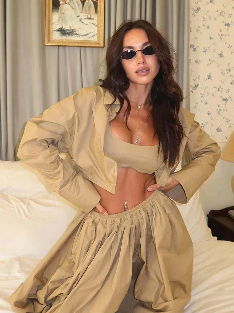 Casual Drop Waist Lantern Pant 3 Pieces Suit Women Stripe Long Sleeves Lapel Loose Shirt Sets 2026 Lady Daily Street Wears New