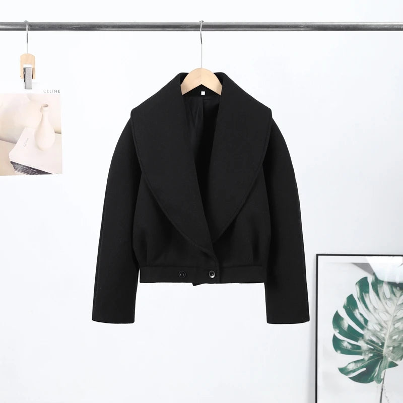 Black Stand Collar Woolen Coats Women's High Street Buttons Full Sleeve Short Overcoats 2026 Spring New Female Solid Outwear