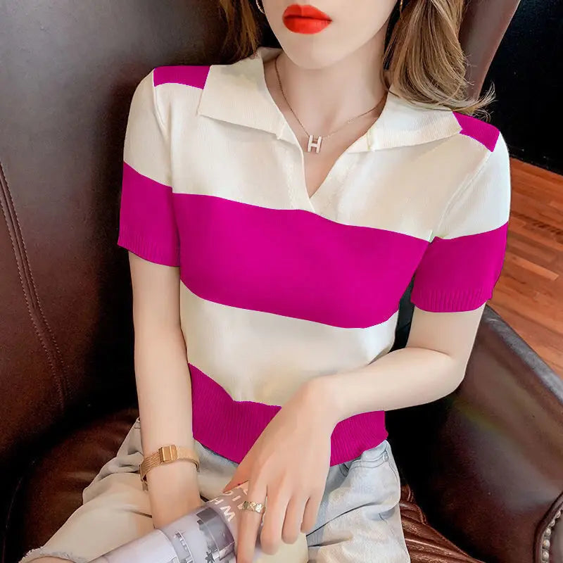 Female Polo Neck Tee Shirts Luxury Short Sleeve Fitted T Shirt High Quality Pullover Good Xxl Top Original Knitted Y2k Striped