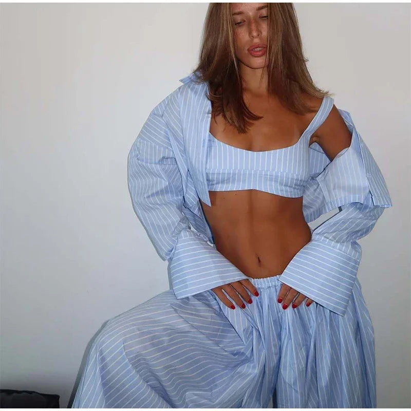 Casual Drop Waist Lantern Pant 3 Pieces Suit Women Stripe Long Sleeves Lapel Loose Shirt Sets 2026 Lady Daily Street Wears New