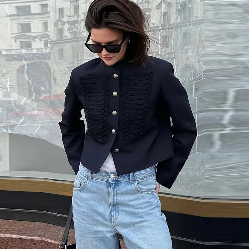 Elegant Long Sleeve Stand Collar Coats 2026 Spring New Retro Military Breasted Jacket For Women Lady High Street Chic Outerwear