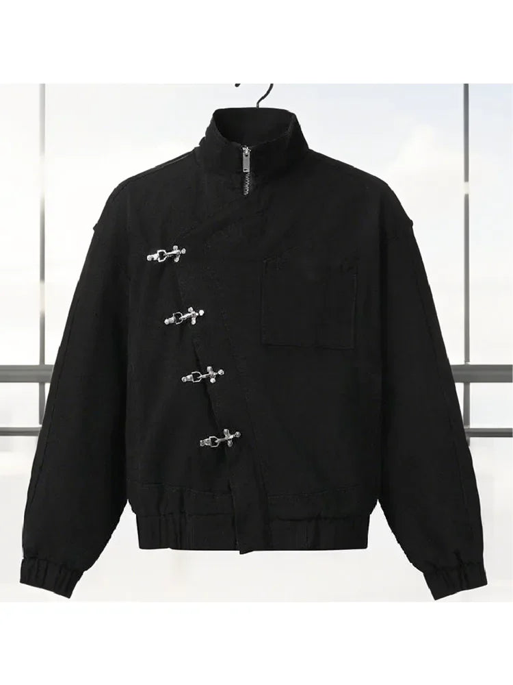 2026 Single Breasted Buckle Zipper Design Versatile Jacket Lady Trendy Elegant Tops Spring Loose Casual Stand Collar Street Coat