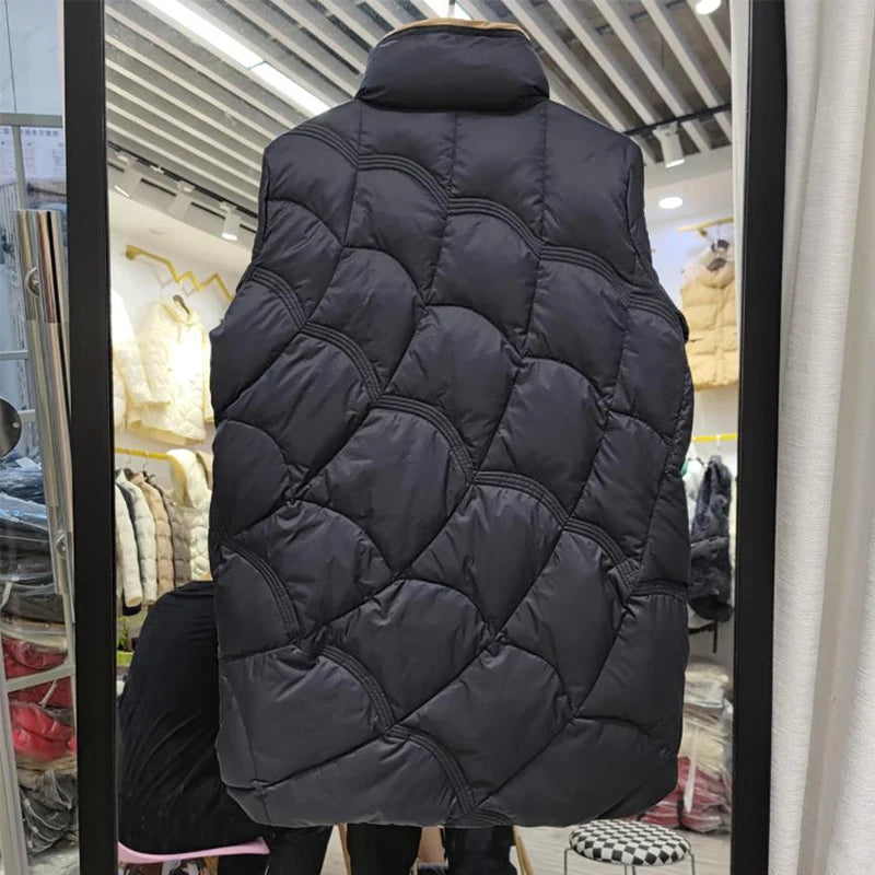 Lagabogy 2025 Mid-Long Puffer Jacket Winter Women Simple White Duck Down Coat Stand Collar Parka Female Single Breasted Outwear