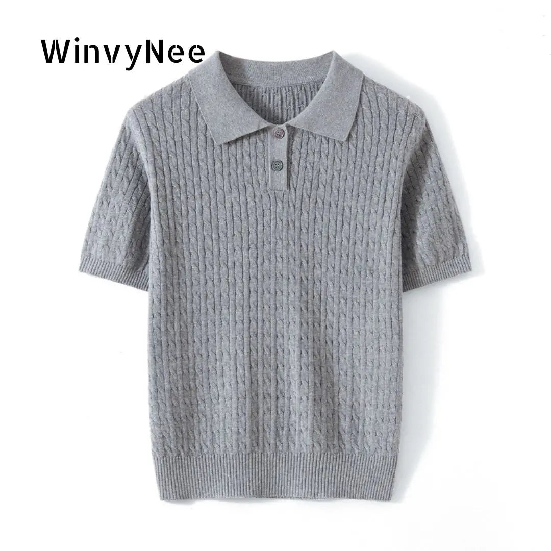 WinvyNee Women Cotton T-shirt Summer Short Sleeve Blue Solid Slim Fit Y2k Polo Collar Casual Pullovers Clothing Basic ZA1523009