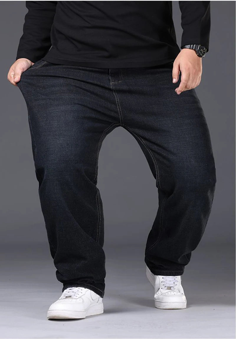 Men Fashion Plus Size 48 50 Black Jeans Male Business Daily Casual Loose Denim Pants Minimalist Stretch Straight Leg Trousers