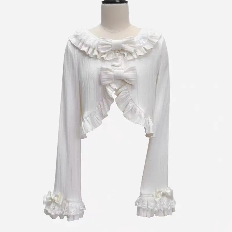 Japanese Women Knitted Sweet Bow Cardigan Sun Protection Lace Patchwork Lolita Crop Tops Y2k Aesthetic Flare Sleeve Grunge Coat