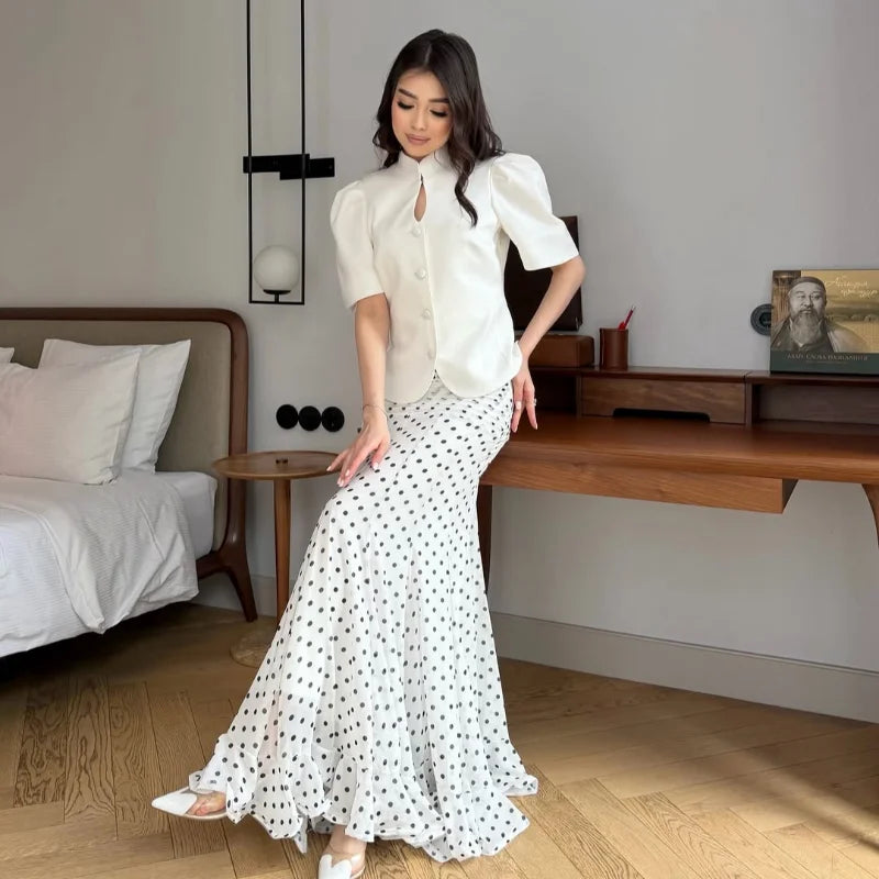 Women Polka Dot Print High Waist Maxi Skirt Elegant Ruched Mermaid Long Skirts 2026 Summer Casual Vacation Fashion  Outwear