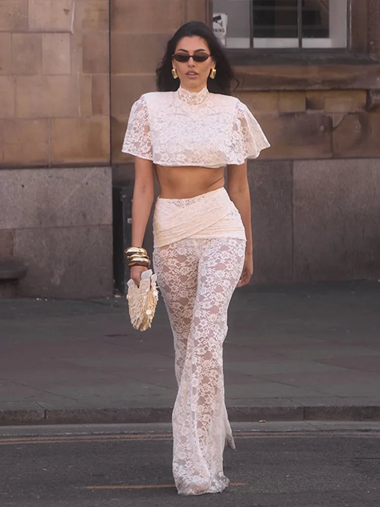 Women Lace Two Piece Set Sheer Top High Neck Blouse Cape Sleeve Cropped High Waist Pants See-Through Flared Trousers Summer Wear