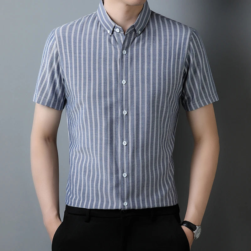 New Men's Casual Striped Short Sleeved Lapel Shirt for Summer Fashion Comfort No Ironing Wrinkle Resistant Top