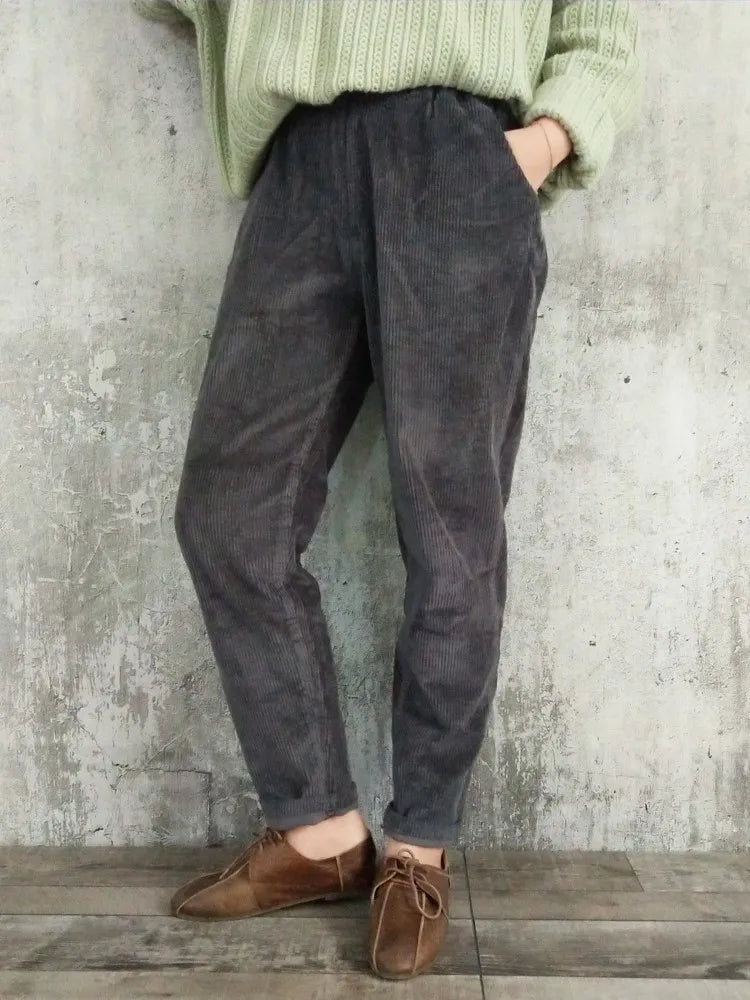 Johnature Corduroy Pants For Women Elastic Waist Solid Color Trouser 2025 Spring New  Women Cloths Pockets Casual Pants