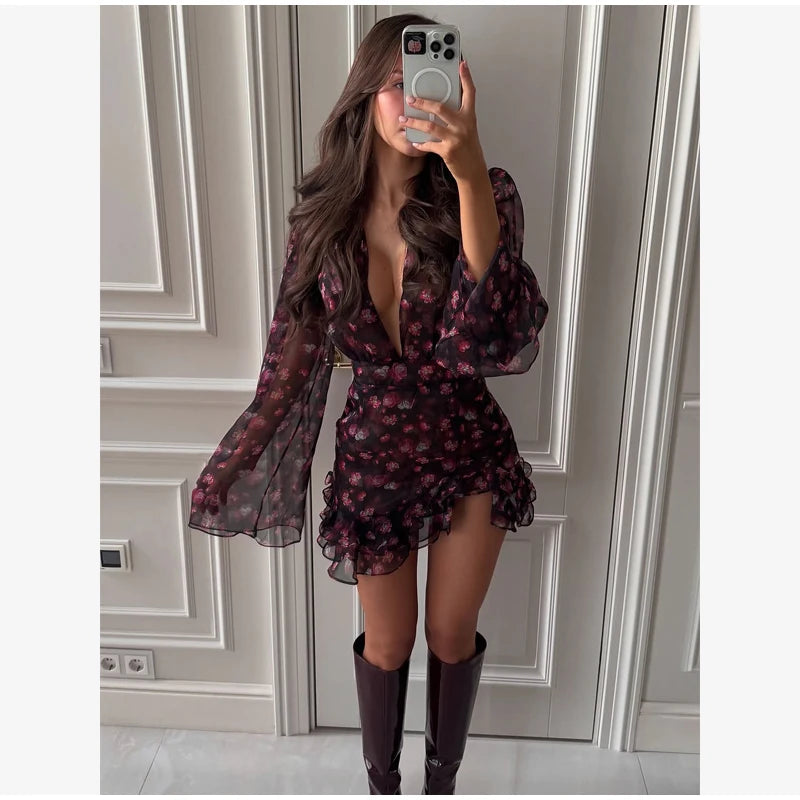 Women Red Floral Printed Mini Dress V-neck Short Sleeved Puff Sleeve Waist Trim Ruffle Slit Hem Dresses 2026 Summer Party Gown